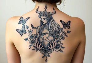 Taurus goddess with earth in her hands and butterflies and flowers all around her tattoo idea