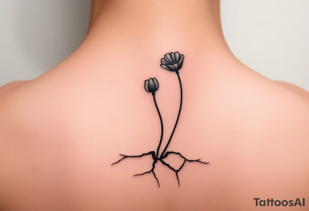Single simple line drawing style poppy growing up from cracks in pavement watercolor coloring on poppy only back of ankle/heel or back of upper arm, more artistic rendering of cracks, very minimal/simplistic design tattoo idea