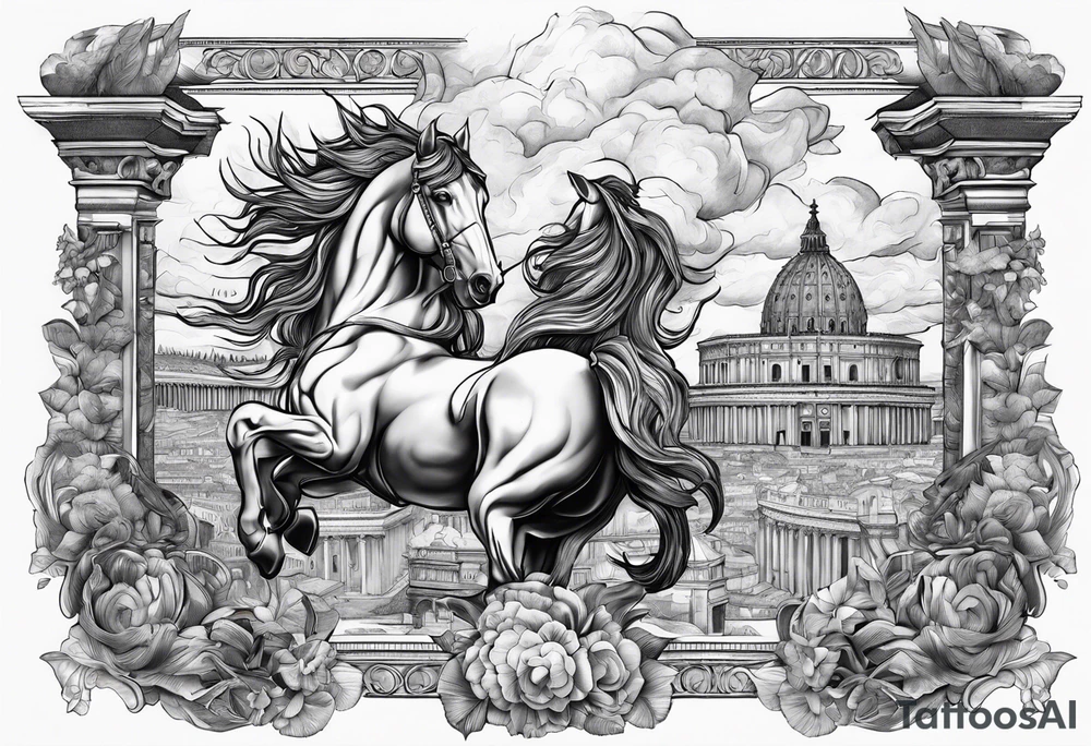 rome, fight, freedom, gods, mytology, fire, hourses, clouds, tattoo idea