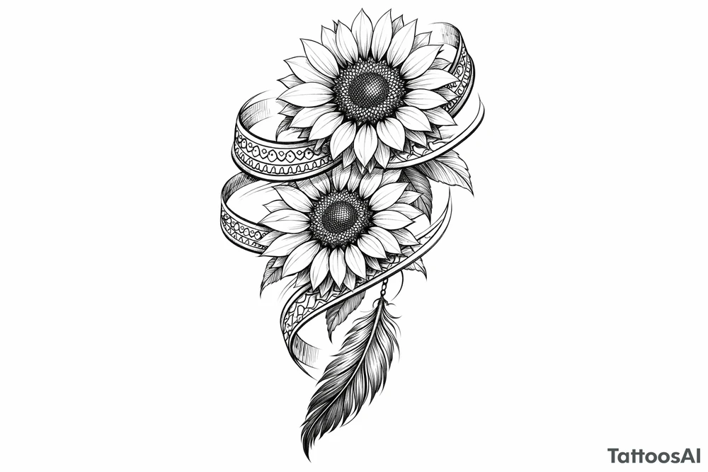 2 cascading sunflowers wrapped in Indian ribbon with a feather tattoo idea