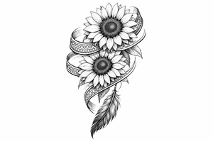 2 cascading sunflowers wrapped in Indian ribbon with a feather tattoo idea