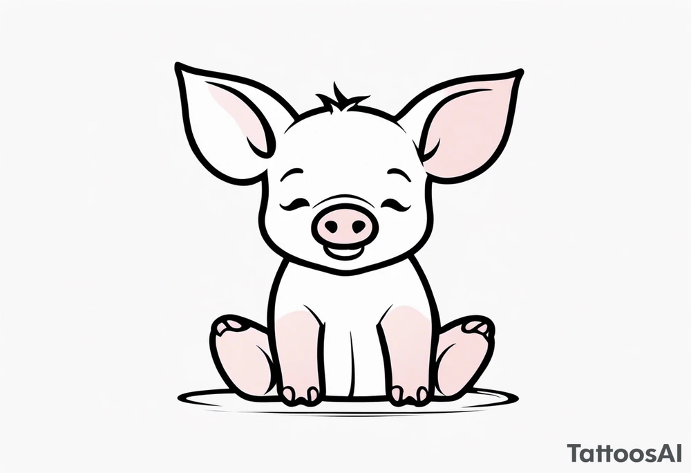 cute piglet sitting on bum. thin lines minimal shading, black and white only, text 'friends not food', white background tattoo idea