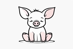 cute piglet sitting on bum. thin lines minimal shading, black and white only, text 'friends not food', white background tattoo idea