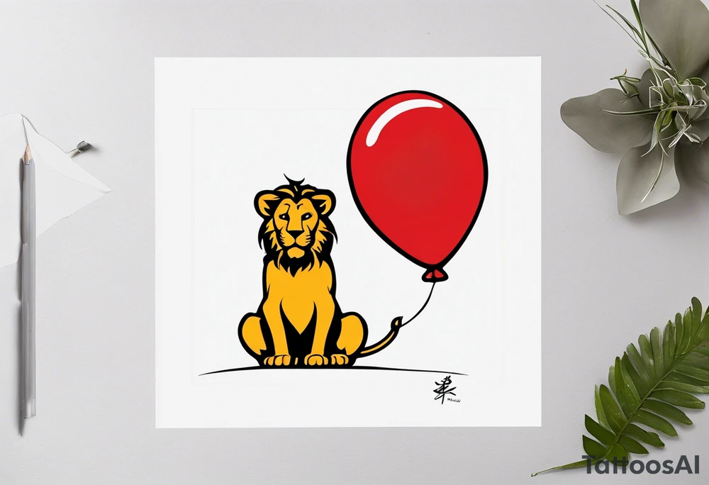 tattoo design should be in the layout of the famouse picture"small princ"  where it should remind me that I survived,and my life was saved by my husband, and he should be represented in the tattoo as a young lion holding a balloon held in the muzzle.
The baloon which is red and in Hearth shape. The whole body of lion should be visible and more abstract not so realistic.The lion is holding the string of the baloon in the muzzle. The string from the balloon should have a heartbeat pulse.The baloon should be red colored, and the rest of the image should be black only. tattoo idea