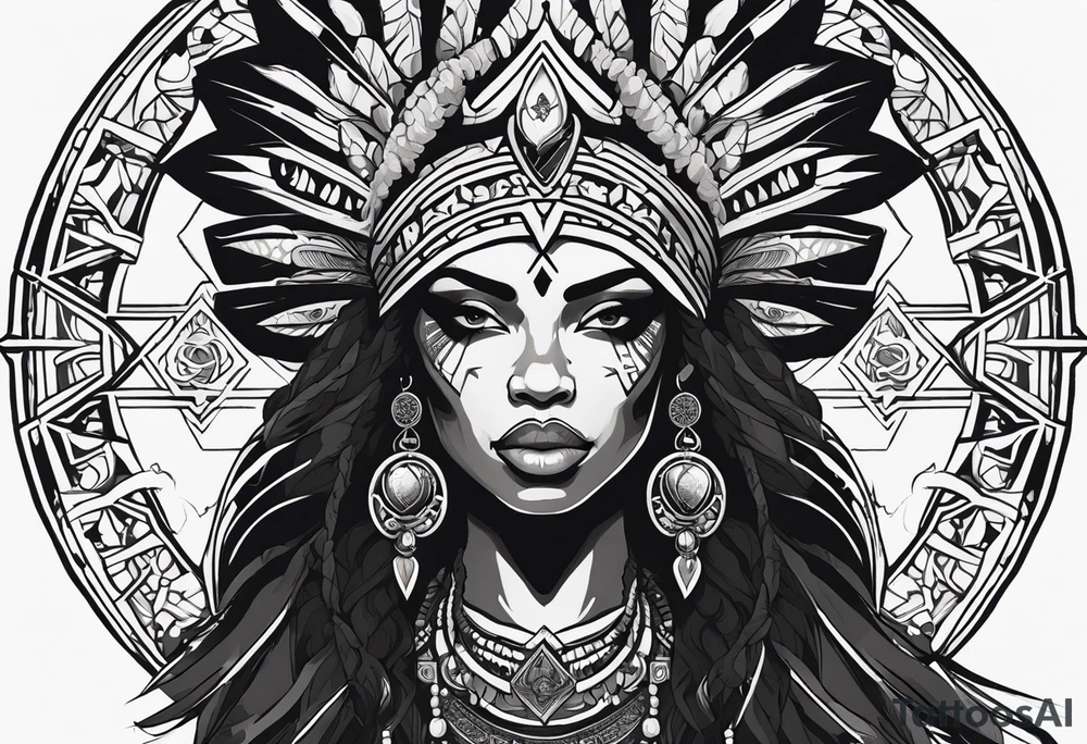 valkrye, kali, pirate, african goddess, , warrior, native american, lotus, zenza resonance, skulls, pachamama, left side face, chest, right wing, tattoo idea