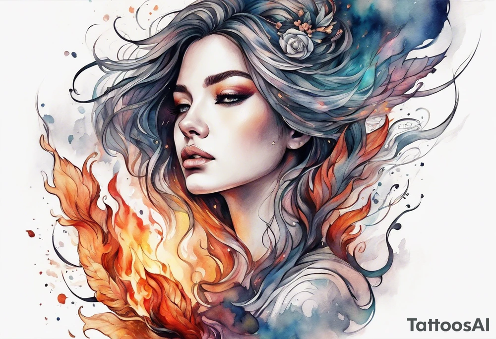 Resurrection strength and courage Beautiful Woman walking through fire and chaos to inner peace and self-love  ethereal tattoo idea
