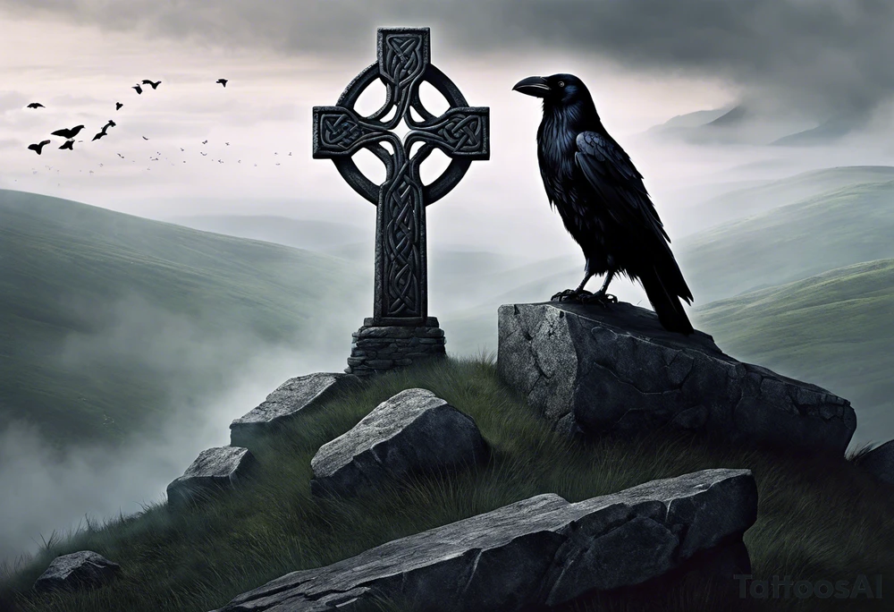 A stone Celtic cross solemnly standing atop a hill, a raven perches atop the cross staring out over the desolation. A ruined stone wall lies crumbling near the cross. Mist rolls along the hilltops adding to the melancholic nature of the scene. tattoo idea