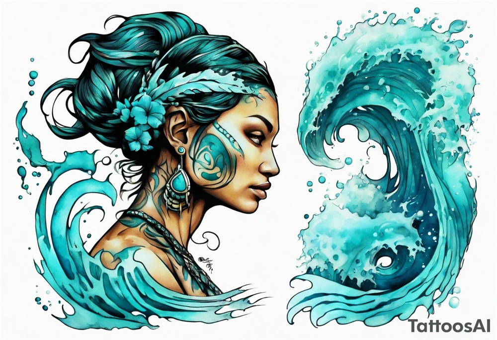 a turquoise Na'vi woman standing in the sea surrounded by crashing waves tattoo idea