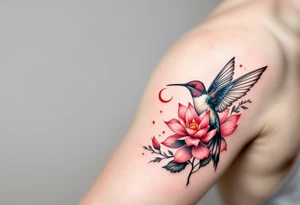 A hummingbird drinking from a lotus flower with one wing made of light (sun disc) and the other made of shadow (crescent moon) (red and black only) tattoo idea