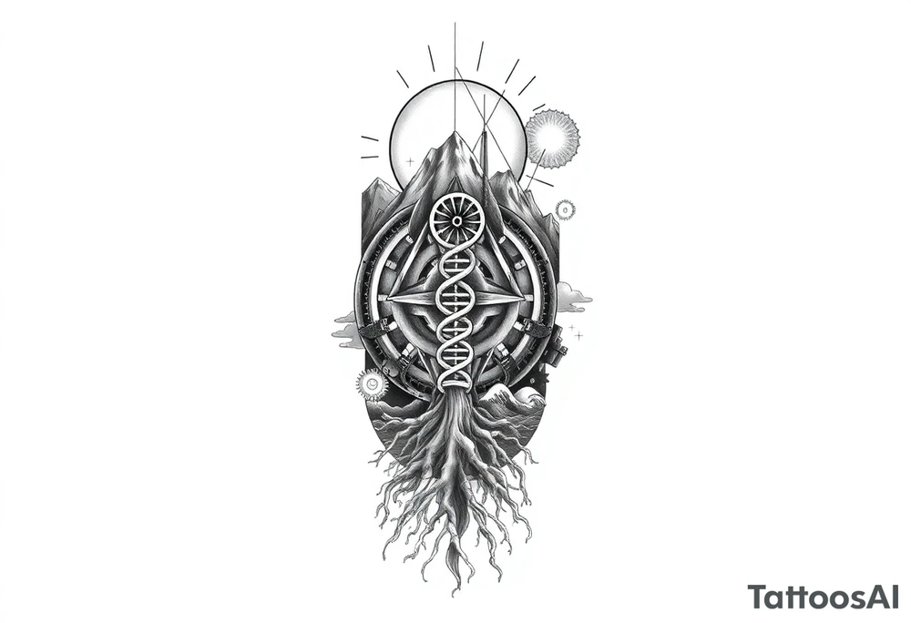 Full sleeve tattoo design for a left arm, vertical composition. A surreal blend of Southern California landscapes including desert dunes, snow-capped mountains, and ocean waves. The landscapes are integrated into a 3D geometric and biomechanical framework with gears, droid-like metallic components, and Matrix-style digital rain. In the center, a double helix DNA strand transitions into tree roots. Style: Alex Grey visionary art meets TOOL aesthetic. High contrast black and grey with subtle glowing amber highlights. Hyper-realistic, 8k, white background tattoo idea