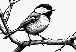 Illustrate a tattoo of a chickadee perched on a twig, focusing on clean lines and minimal detail for an understated design tattoo idea