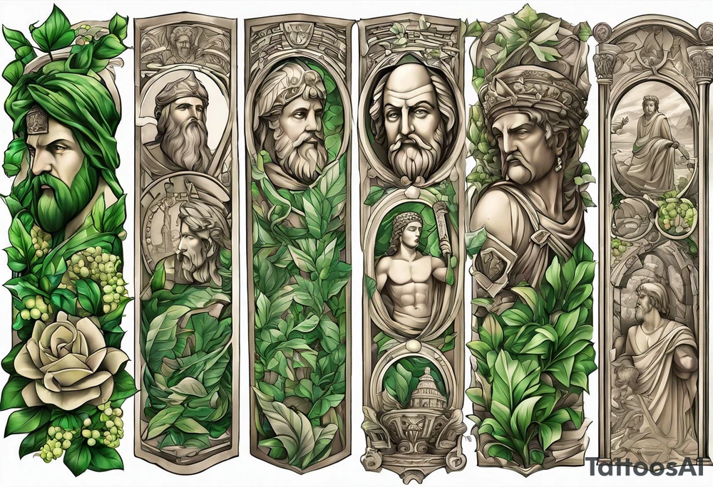 a tattoo full sleeve of stoic heroes in statue form including plato, socrates, alexander the great, julius ceasar, aristotle, pythagorus and william marshal. small amounts of Green english vine plant running through the whole tattoo. all fit on one arm. tattoo idea