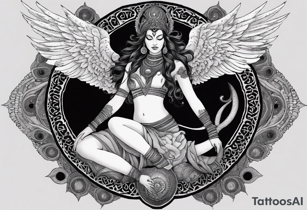 black kali, goddess pirate, alien, angel, pachamama, valkrye, warrior, flying, skull, lotus azul, wing, eagle, zenza resonance, stars, 5D, anahata chakra, death, durga, riding on a tiger, flying lady, kundalini, chest tatoo, samuri, rebel, serpent tattoo idea