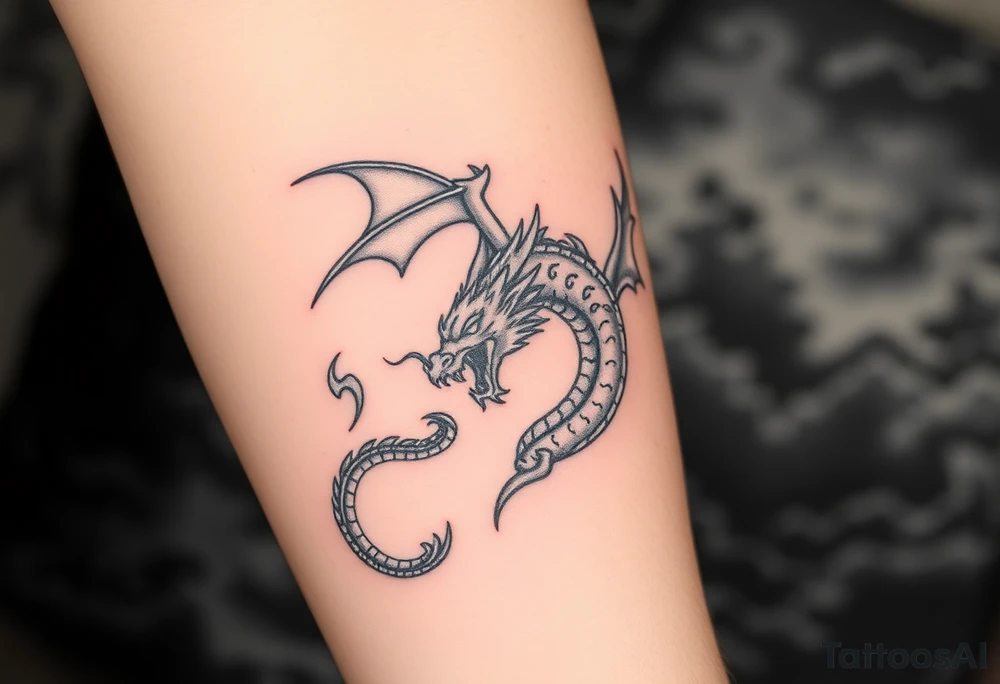 fierce dragon breathing iridescent fire against stormy skies tattoo idea