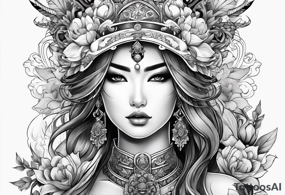 ornate beautiful woman warrior with weapon & floral surrounding tattoo tattoo idea
