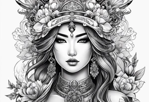 ornate beautiful woman warrior with weapon & floral surrounding tattoo tattoo idea
