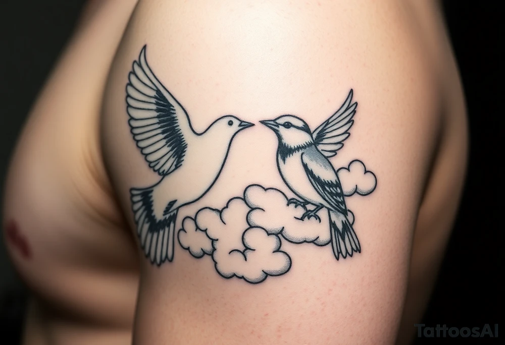 Dove and a blue jay, clouds, shining light to or from heaven tattoo idea