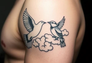 Dove and a blue jay, clouds, shining light to or from heaven tattoo idea