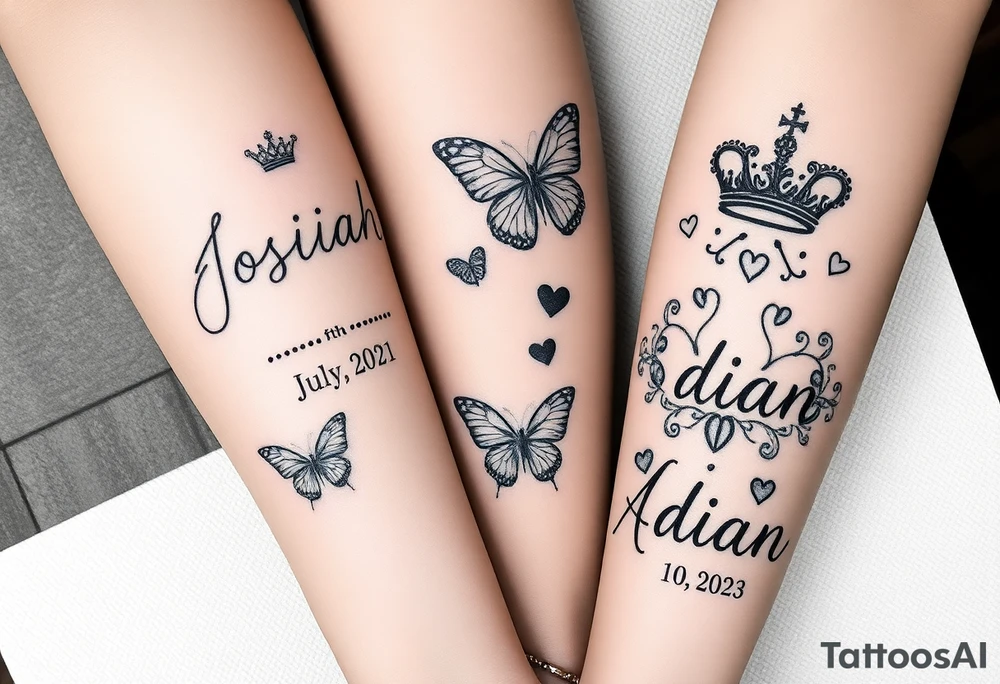 Feminine womens tatto that starts as sleeve and goes down to ankle and in tattoo the names JOSIAH in cursive written with the date July 6th 2021 iAND NEXT TO NAME A PRINCE CROWN and butterfly's and the cancer zodiac number in between with the capricorn sing in between and hearts and the next part lower part of tatto the name ADIAN WITH THE DATE March 10th 2023 WITH A SMALLER PRINCE CROWN THEN THE JOSIAHS CROWN AND THEN LITTLE BUTTERFLYS WITH THE PACIES ZODIAC SING IN AND THE CAPRICORN ZODIAC SIGN BOTH SMALL AND IN BETWEEN THE BUTYERFLYS AND HEARTS MAKE IT MIX TOGTHER DO THE SAME WITH THE CANCER AND CPROCORN SIGN ABOVE only write each name once tattoo idea