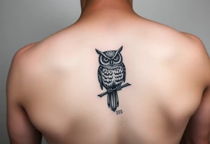 ovo owl with time stamp 5:55 behind it like a shadow top to bottom on calf tattoo idea