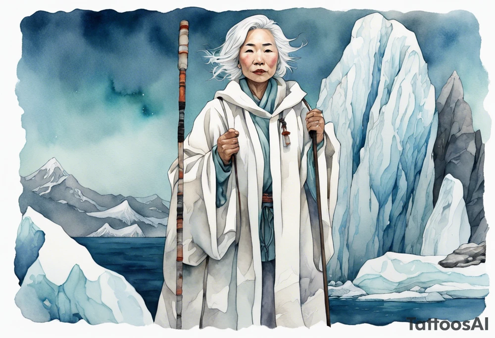 a 40 year old Inuit woman with white hair and a white robe holding a white hiking stick, standing on an iceberg tattoo idea