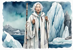 a 40 year old Inuit woman with white hair and a white robe holding a white hiking stick, standing on an iceberg tattoo idea