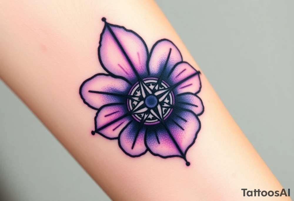 African violet with detailed compass at its center representing feminine power and an ankh or Celtic knot tattoo idea