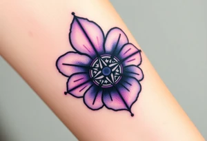 African violet with detailed compass at its center representing feminine power and an ankh or Celtic knot tattoo idea