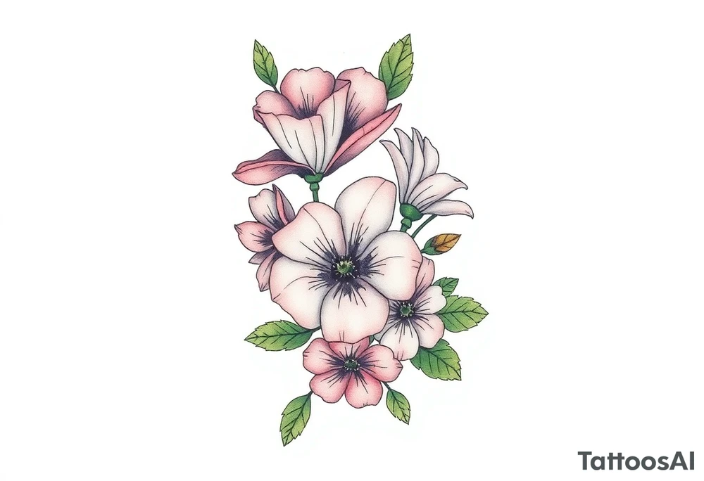 Fore arm tattoo in the neo american traditional style. I want to incorporate a few different flowers: Poppies, Morning Glory, Narcissus with green leaves in the background tattoo idea