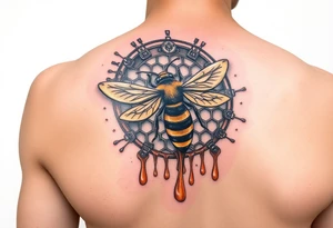 honeycomb with bee and dripping honey on a steampunk design on the upper arm tattoo idea