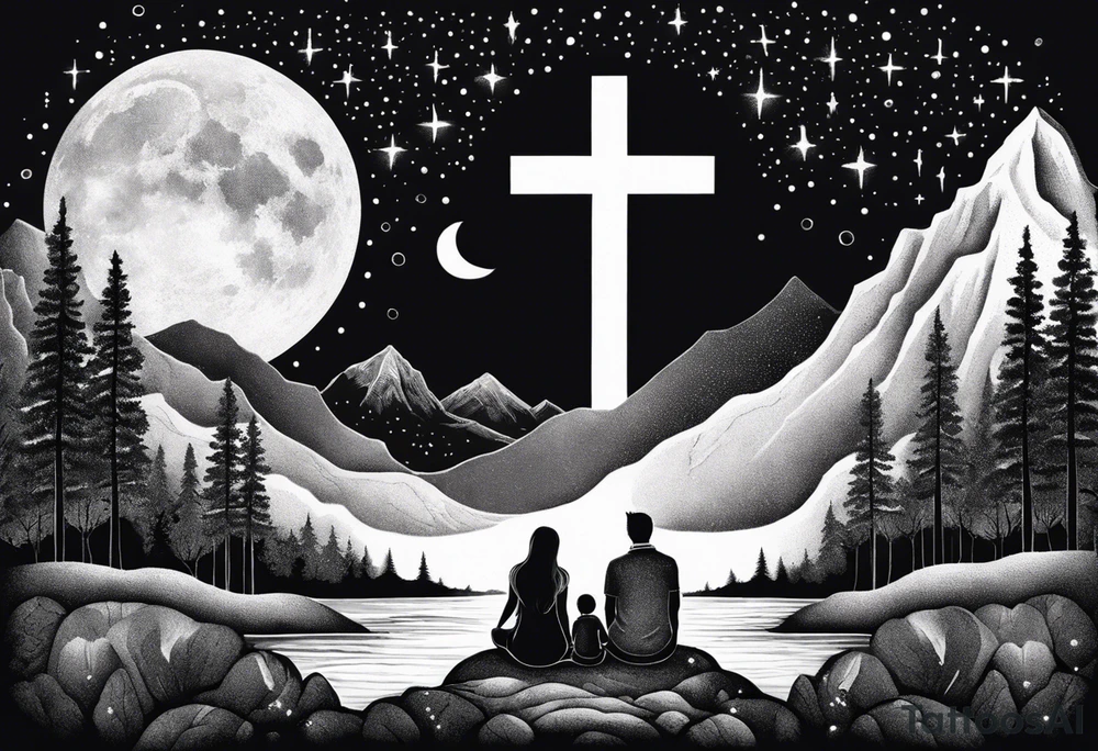 a family of three sitting in a nature with mountains, waterfall, water, and a cross in the background and and moon in the sky with stars tattoo idea