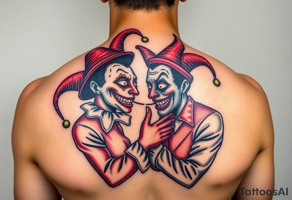 a toxic jester couple holding each other with cheeks being pulled to force smile tattoo idea