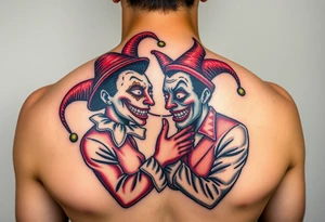 a toxic jester couple holding each other with cheeks being pulled to force smile tattoo idea