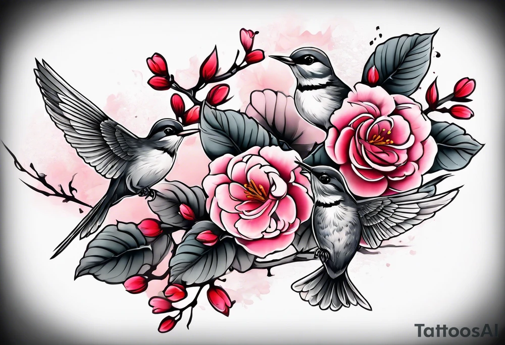 Japanese cherry blossom with birds, butterflies and rose on the forearm tattoo idea