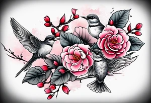 Japanese cherry blossom with birds, butterflies and rose on the forearm tattoo idea