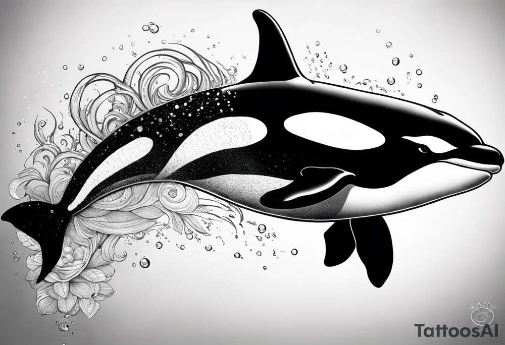 A male orca, black tattoo, 6-7 cm. sun beams in water, male orca diving down, tattoo viewpoint is half in water half out but mostly underwater with sunbeams shining through. maybe in a circle or square. tattoo idea