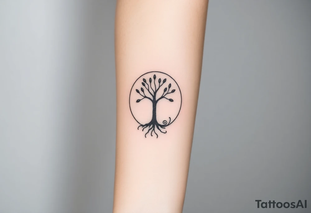 A tree inside of a circle, with few leaves, with an outward spiral line (moving to the right), as its roots, encircling the entire tree tattoo idea
