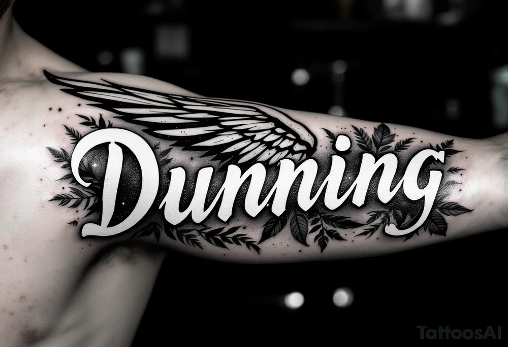 Dunning, Details include on left arm, name in white color,angel wing, wet jungle leaves,cool font, galaxy background filling, tattoo idea