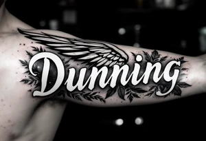 Dunning, Details include on left arm, name in white color,angel wing, wet jungle leaves,cool font, galaxy background filling, tattoo idea