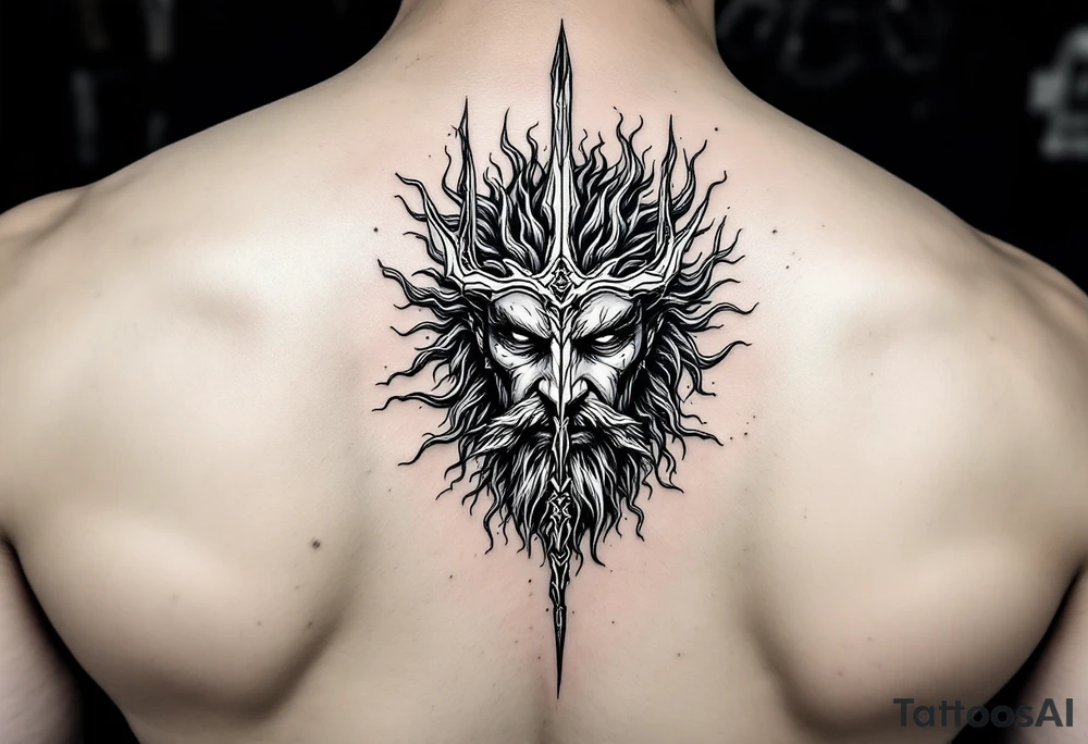 poseidon face behind trident tattoo idea