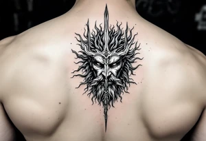 poseidon face behind trident tattoo idea