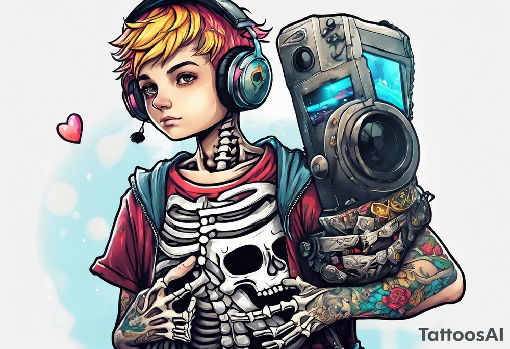 Kid wearing a one piece skeleton costume playing video games tattoo idea