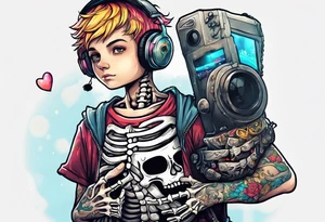 Kid wearing a one piece skeleton costume playing video games tattoo idea