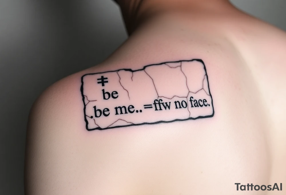 "Ancient stone tablet tattoo, but:  
- Text is 4chan greentext  
- Last line: **'>be me  
>mfw no face'**  

Style: Cracked engraving. Black ink, shoulder blade." tattoo idea