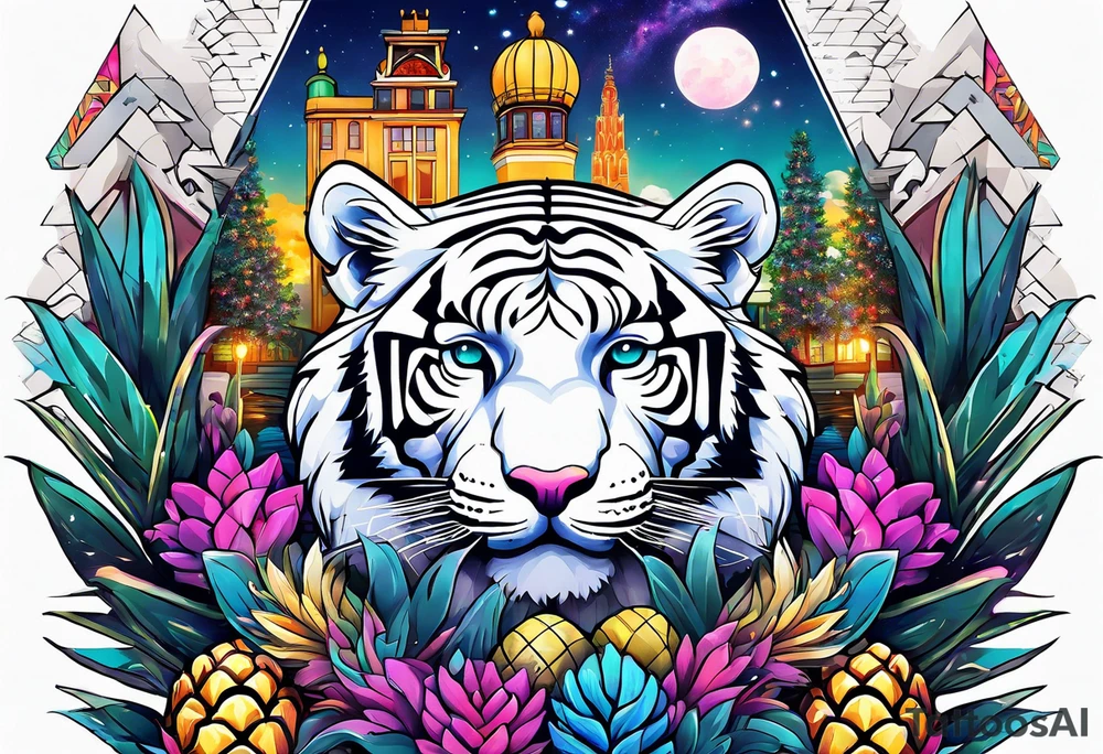 White tiger and pineapples featuring Amsterdam buildings and canal in galaxy colours tattoo idea