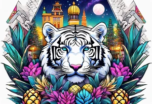 White tiger and pineapples featuring Amsterdam buildings and canal in galaxy colours tattoo idea