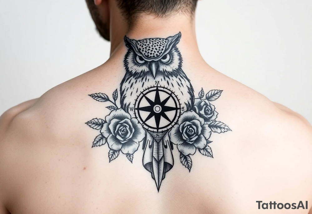 an owl,roses,compass. tattoo idea