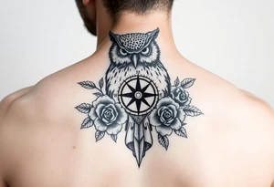 an owl,roses,compass. tattoo idea