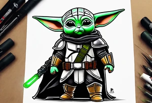 Baby grogu wearing black mandalorian armor,  and  wielding a green lightsaber tattoo idea