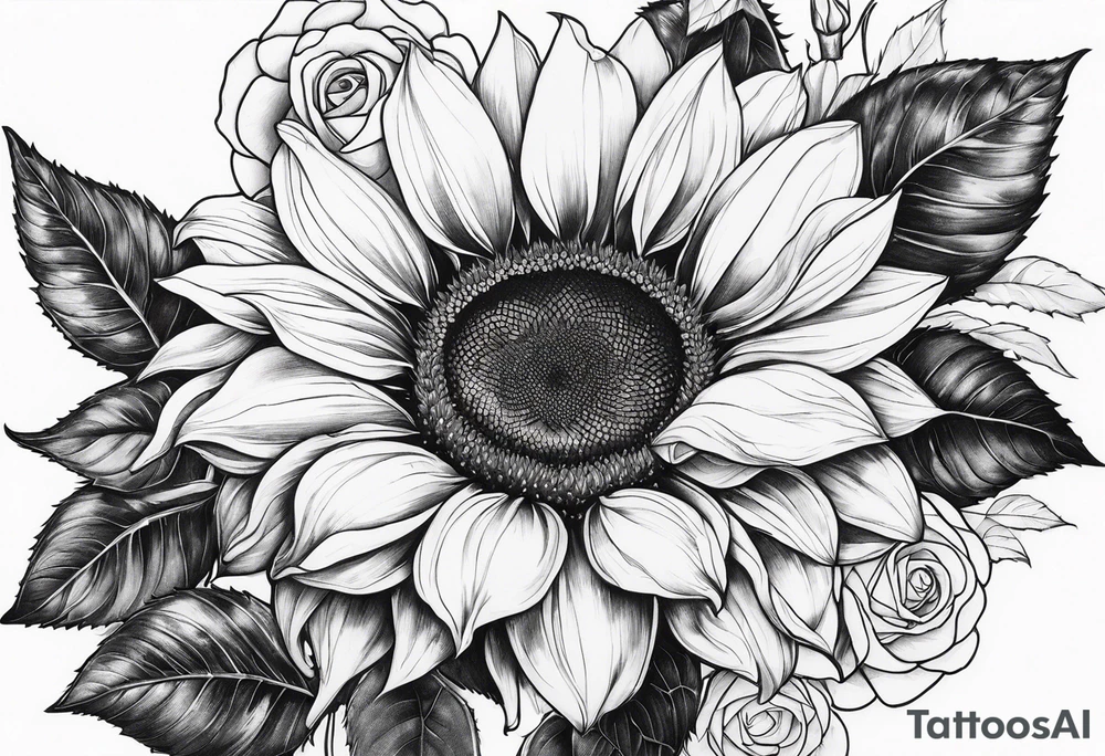 Sunflower and rose flower tattoo idea